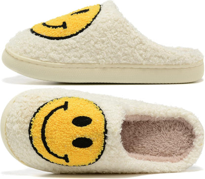 Retro Fuzzy Face Slippers for Women Men, Retro Soft Fluffy Warm Home Non-Slip Couple Style Casual Smile Face Slippers Indoor Outdoor Anti-Skid Warm Cozy Foam Slide Fuzzy Slides with Soft Memory Foam Shoes
