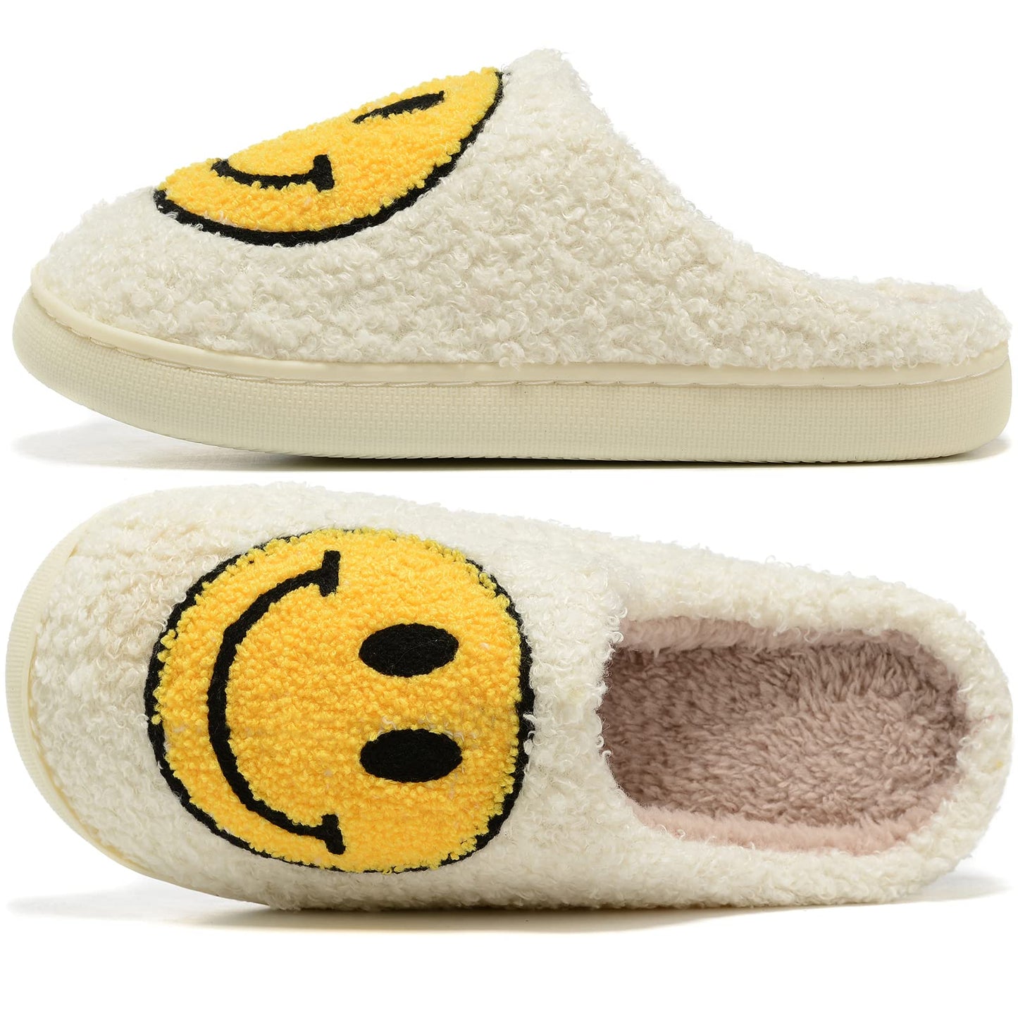 Retro Fuzzy Face Slippers for Women Men, Retro Soft Fluffy Warm Home Non-Slip Couple Style Casual Smile Face Slippers Indoor Outdoor Anti-Skid Warm Cozy Foam Slide Fuzzy Slides with Soft Memory Foam Shoes