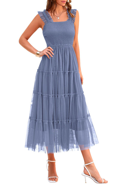 PRETTYGARDEN Women's 2024 Summer Midi Dress Casual Sleeveless Smocked Ruffle Tulle Flowy Party Wedding Guest Sundress