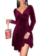 Sexyasasii Womens Wrap V Neck Long Sleeve Velvet Glitter A Line Cocktail Party Swing Fit and Flare Skater Mini Dress