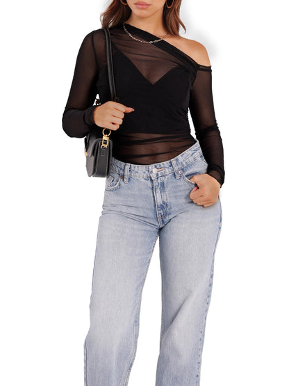 WIHOLL Womens Mesh Sheer Tops Sexy Crew Neck Summer Loose FIt Party Clubwear Shirts