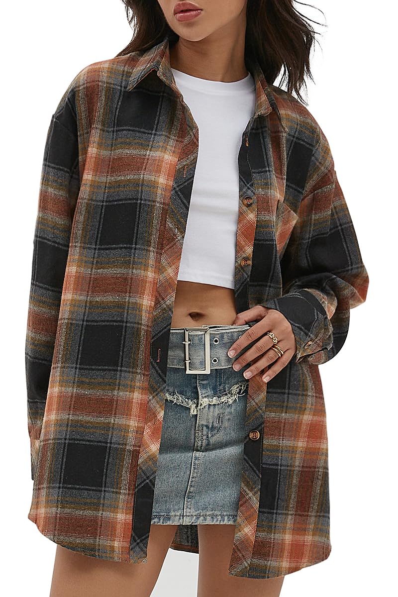 CHYRII Womens Button Down Flannel Shirts Long Sleeve Plaid Shackets Business Casual Blouse Top