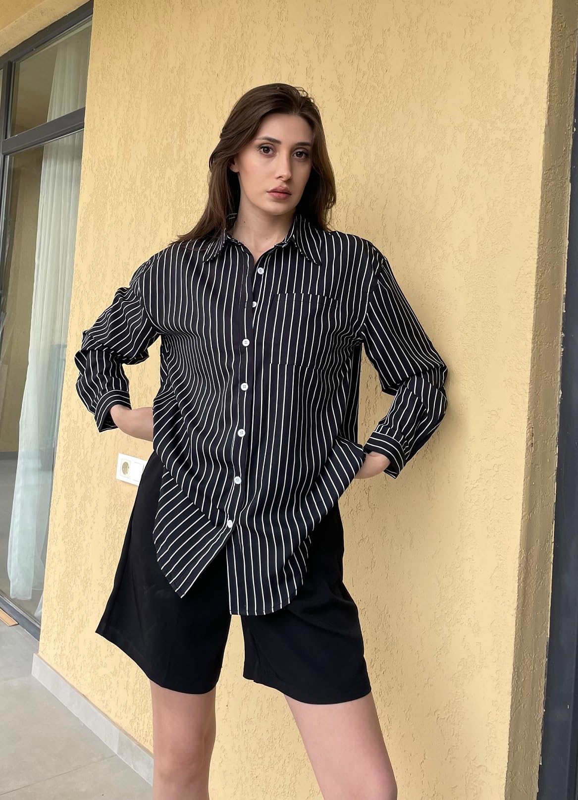 HOTOUCH Women Oversized Button Down Shirts Office Drop Shoulder Blouse Long Sleeve Boyfriend Dress Shirt with Pockets