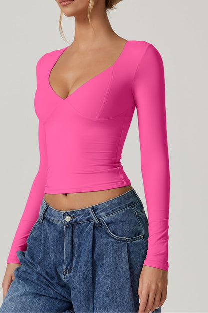 QINSEN Women's Long Sleeve V Neck T Shirts Double Lined Crop Top Seamed Cup Going Out Tops