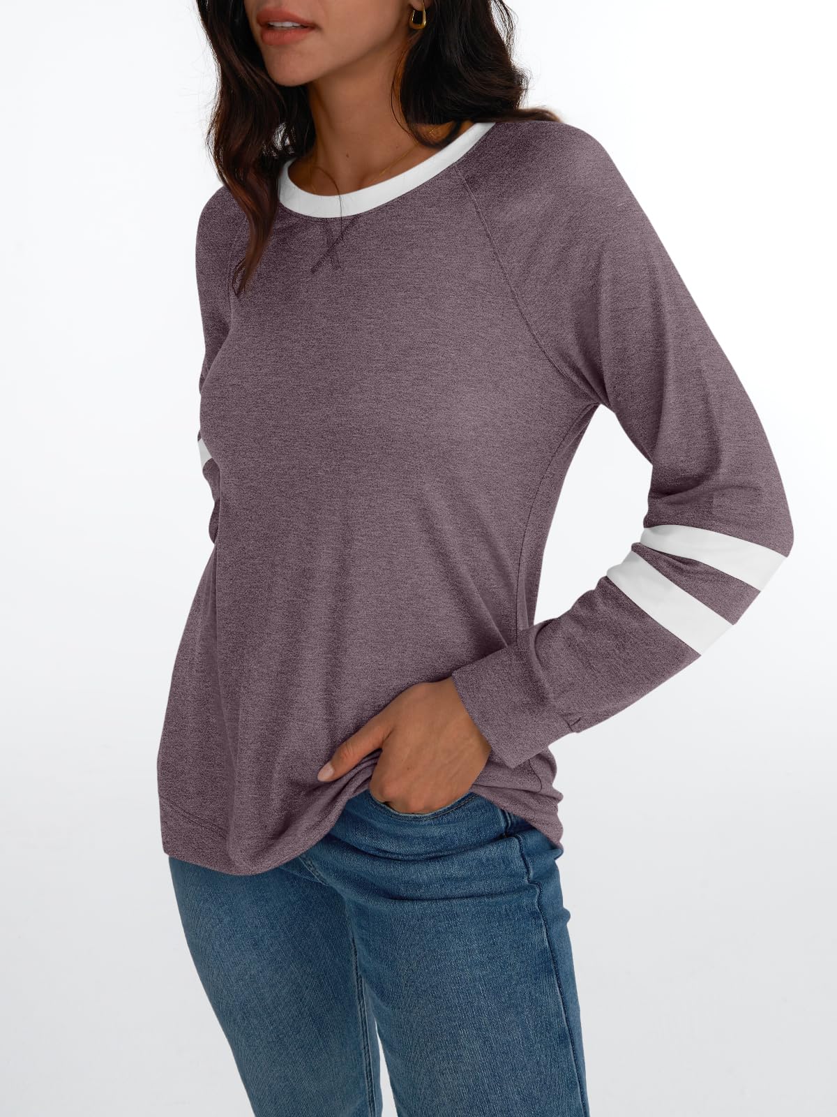 AUTOMET Womens Long Sleeve Shirts Color Block Casual Crewneck Tops Tshirt Basic Tees Fall Fashion Clothes Trendy Outfits