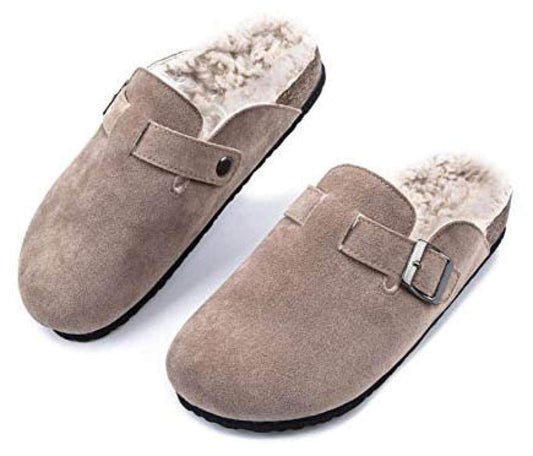 XHBYG Winter Women Faux Cow Suede Leather Mule Clogs Slippers Long Plush Warm Indoor Soft Cork Buckle Slides Footwear for Women Men 40 Apricot