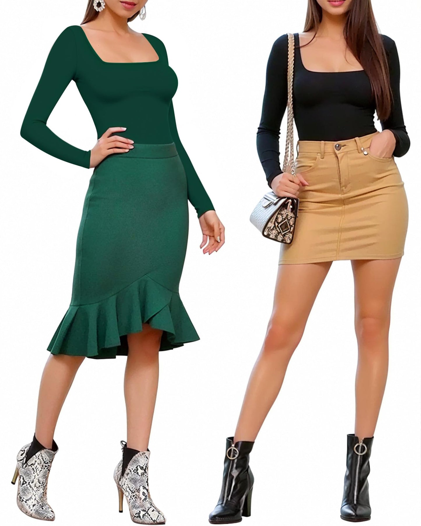 MANGOPOP Womens Square Neck T Shirts Long Sleeve Tops Fitted Tees