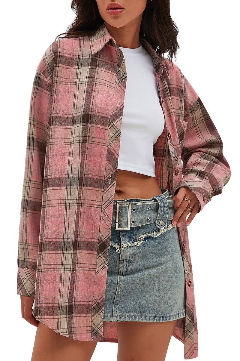 CHYRII Womens Button Down Flannel Shirts Long Sleeve Plaid Shackets Business Casual Blouse Top
