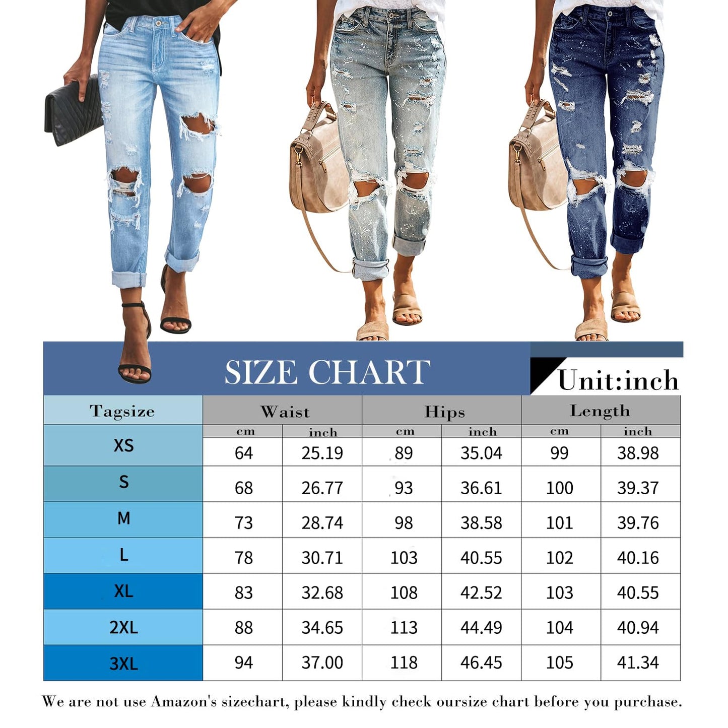 KUNMI Women's Ripped Mid Waisted Boyfriend Jeans Loose Fit Distressed Stretchy Denim Pants