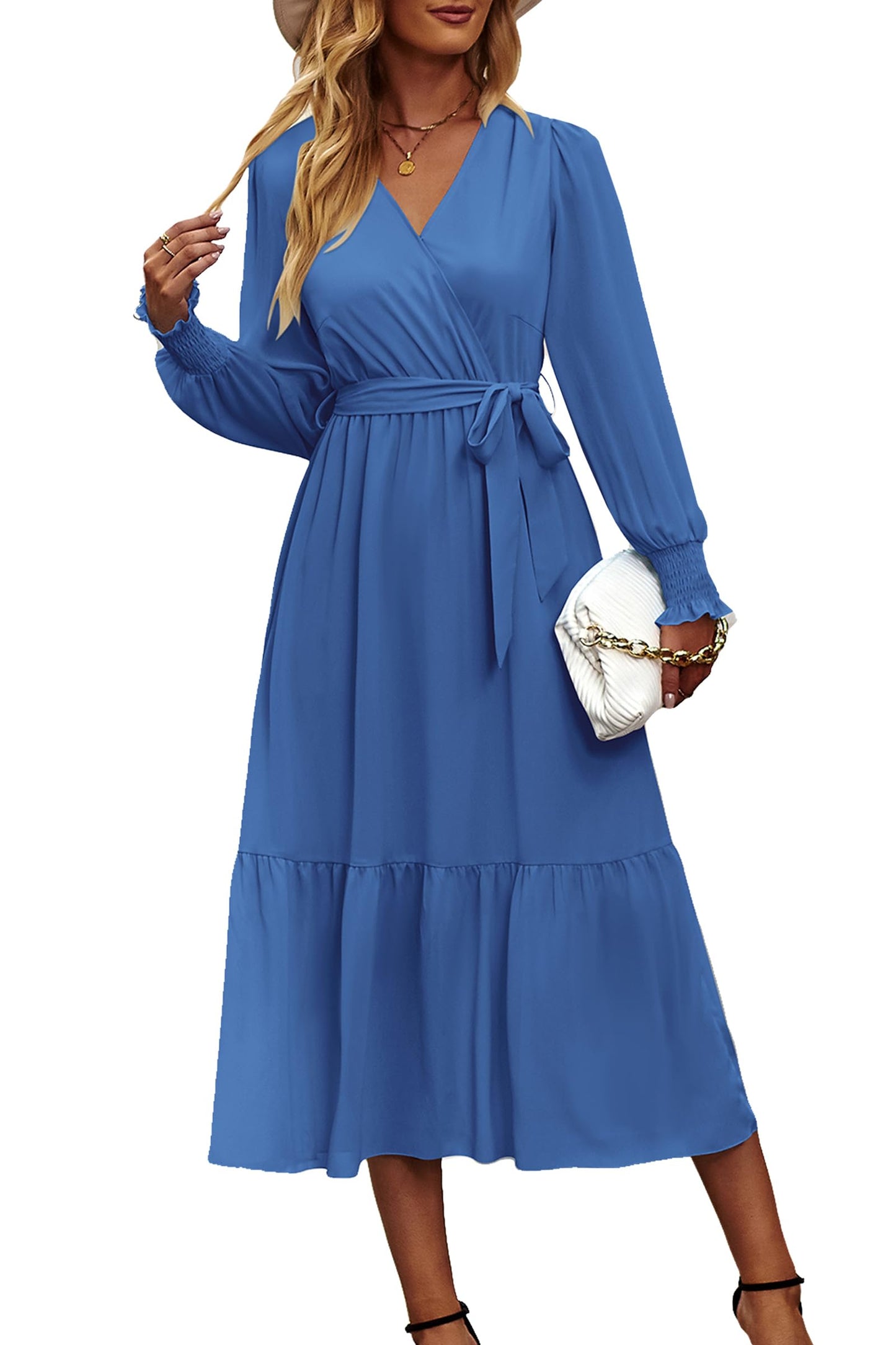 PRETTYGARDEN Women's Floral Print Boho Dress Long Sleeve Wrap V Neck Ruffle Belted A-Line Flowy Maxi Dresses