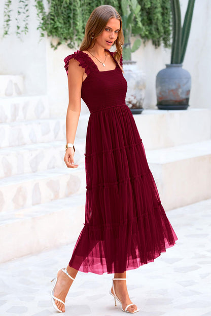 PRETTYGARDEN Women's 2024 Summer Midi Dress Casual Sleeveless Smocked Ruffle Tulle Flowy Party Wedding Guest Sundress