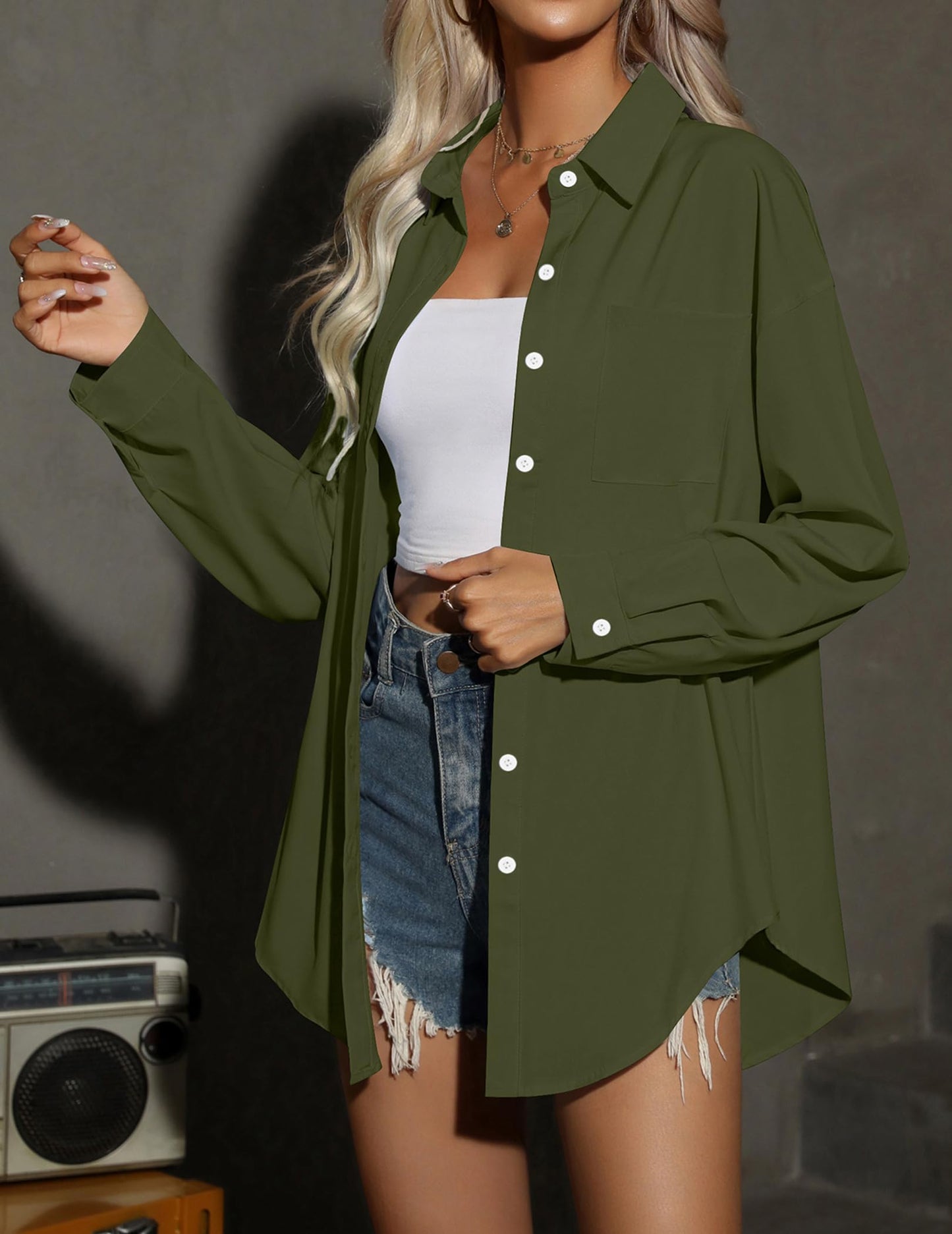 HOTOUCH Women Oversized Button Down Shirts Office Drop Shoulder Blouse Long Sleeve Boyfriend Dress Shirt with Pockets