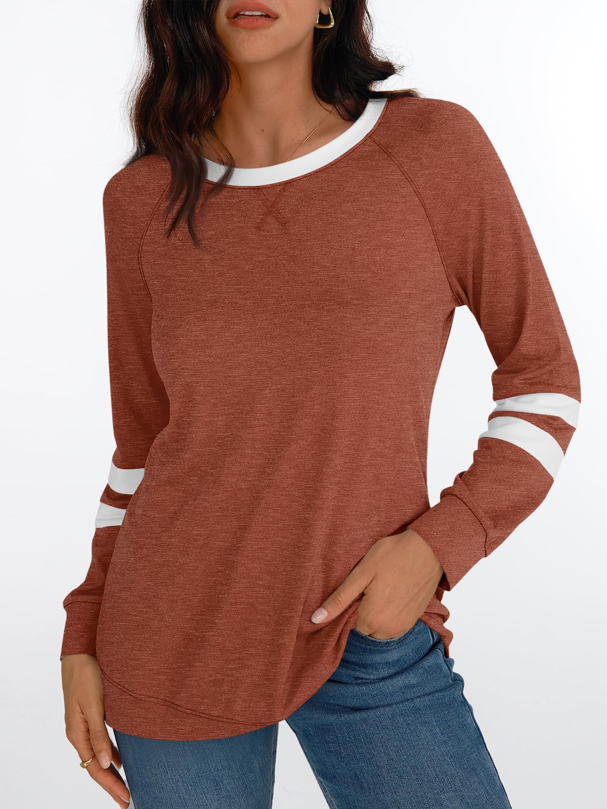 AUTOMET Womens Long Sleeve Shirts Color Block Casual Crewneck Tops Tshirt Basic Tees Fall Fashion Clothes Trendy Outfits