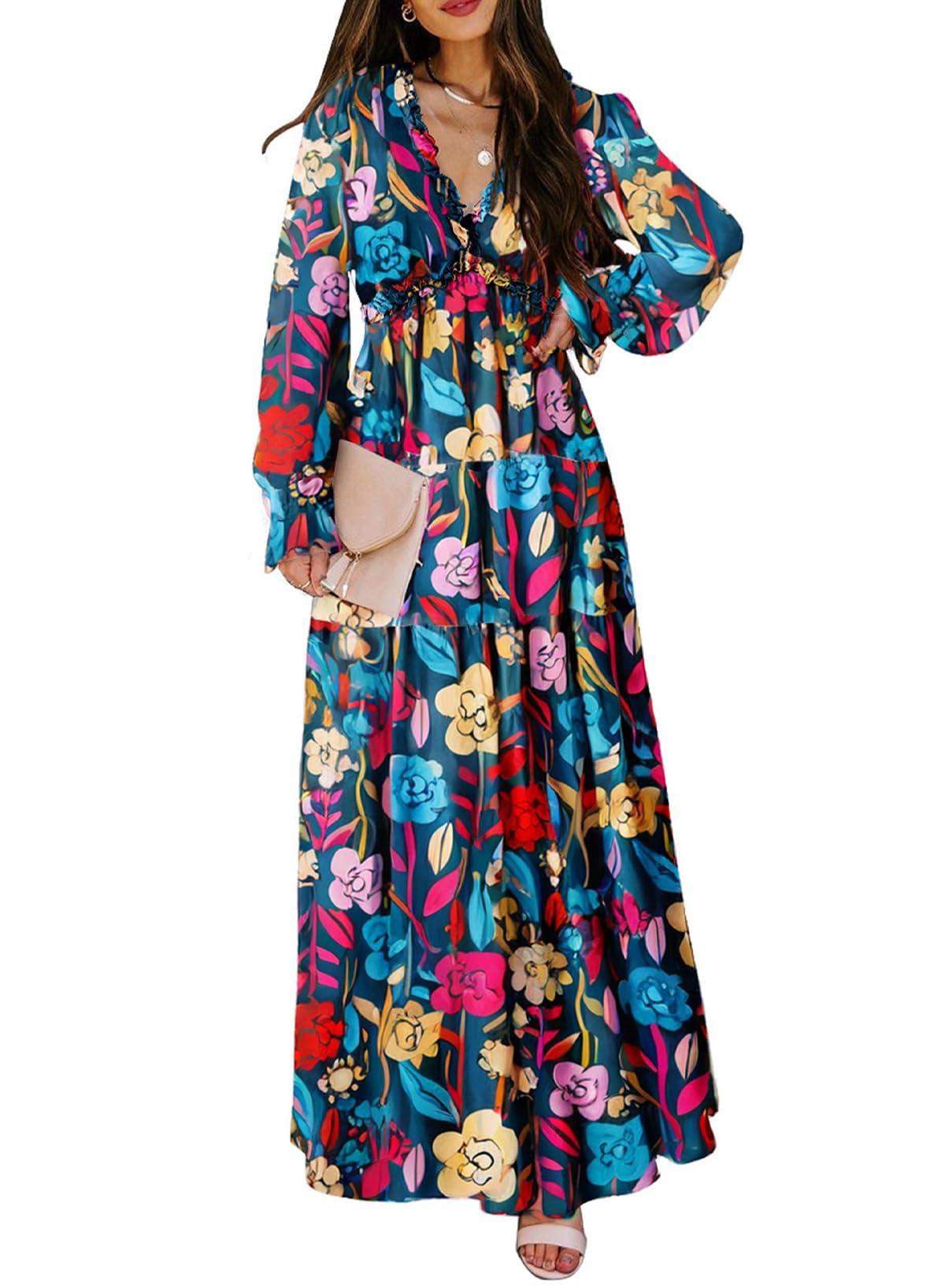 BLENCOT Womens Casual Boho Deep V Neck Short Sleeve Long Dress