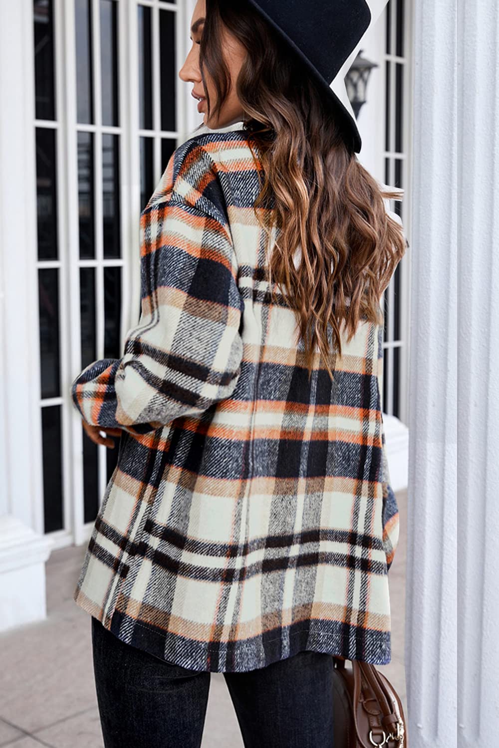 Beaully Women's Flannel Plaid Shacket Long Sleeve Button Down Shirts Jacket Coats with Side Pockets