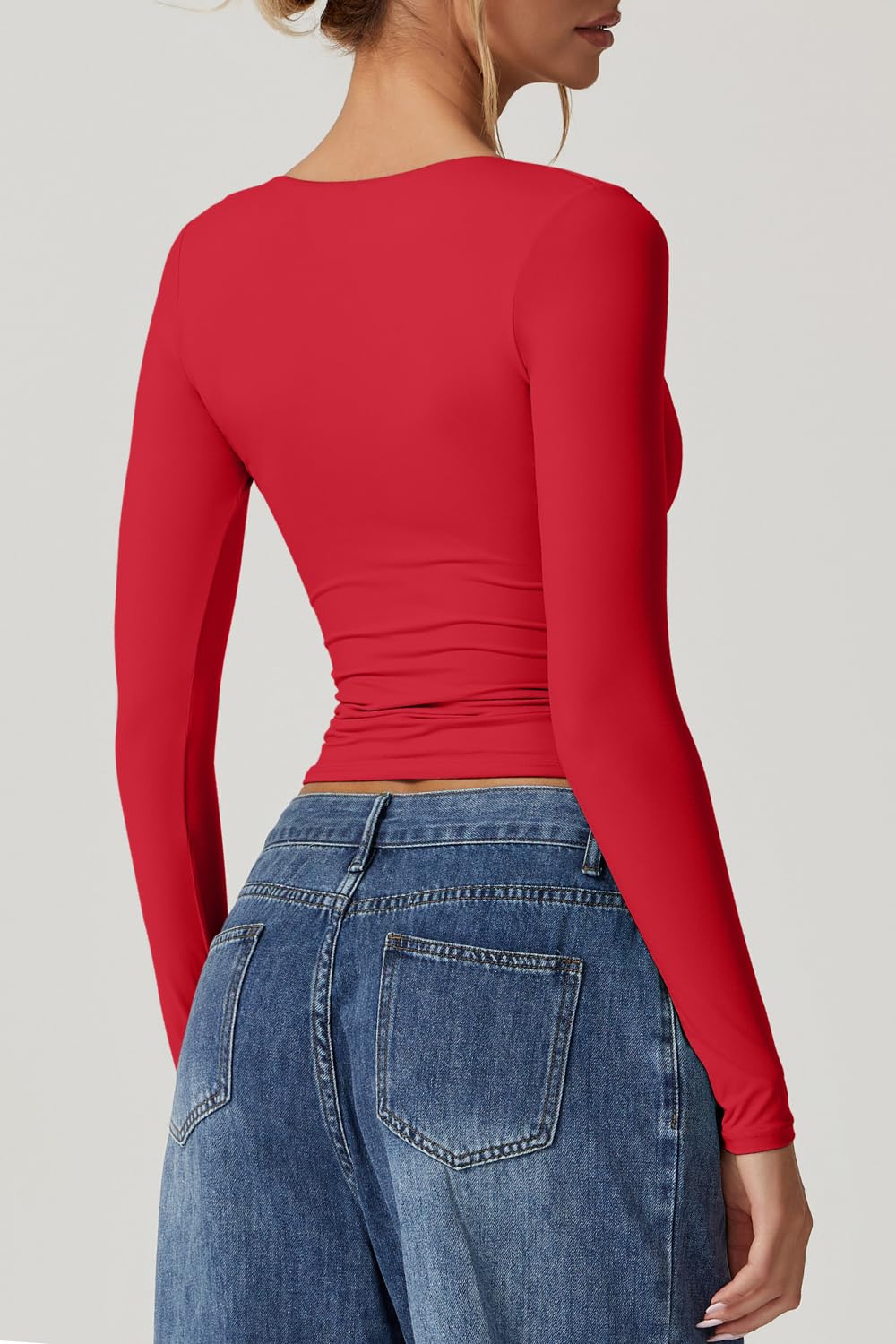 QINSEN Women's Long Sleeve V Neck T Shirts Double Lined Crop Top Seamed Cup Going Out Tops