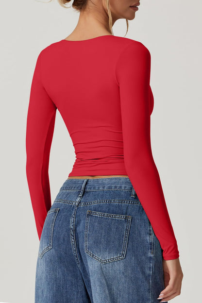 QINSEN Women's Long Sleeve V Neck T Shirts Double Lined Crop Top Seamed Cup Going Out Tops