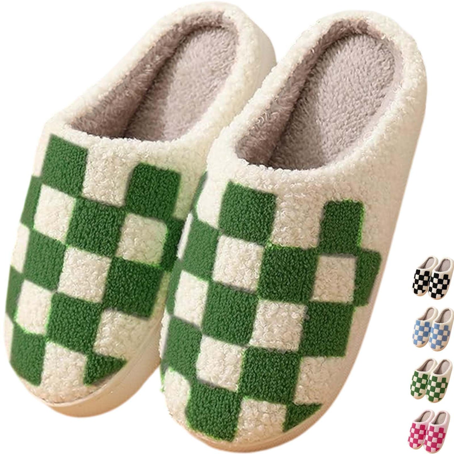 Checkered Slippers House Slippers for Women Men Funny Fluffy Slippers Memory Foam Womens House Shoes Outdoor Indoor Warm Plush Bedroom Slippers for Winter
