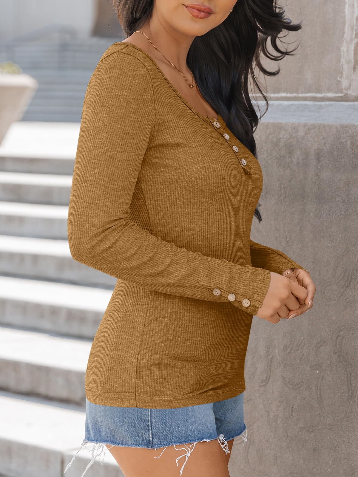 Kissfix Womens Long Sleeve Shirts Going Out Fall Clothes Casual Henley Tops Ribbed Knit Blouses Fashion Trendy Outfits