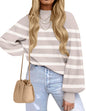 ZESICA Women's Fall Fashion Turtleneck Long Sleeve Striped Ribbed Knit Loose Pullover Sweater Tops