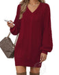 Women's Pullovers Jumper Sweaters Lantern Sleeve Casual V Neck Fall Knit Mini Sweater Dresses