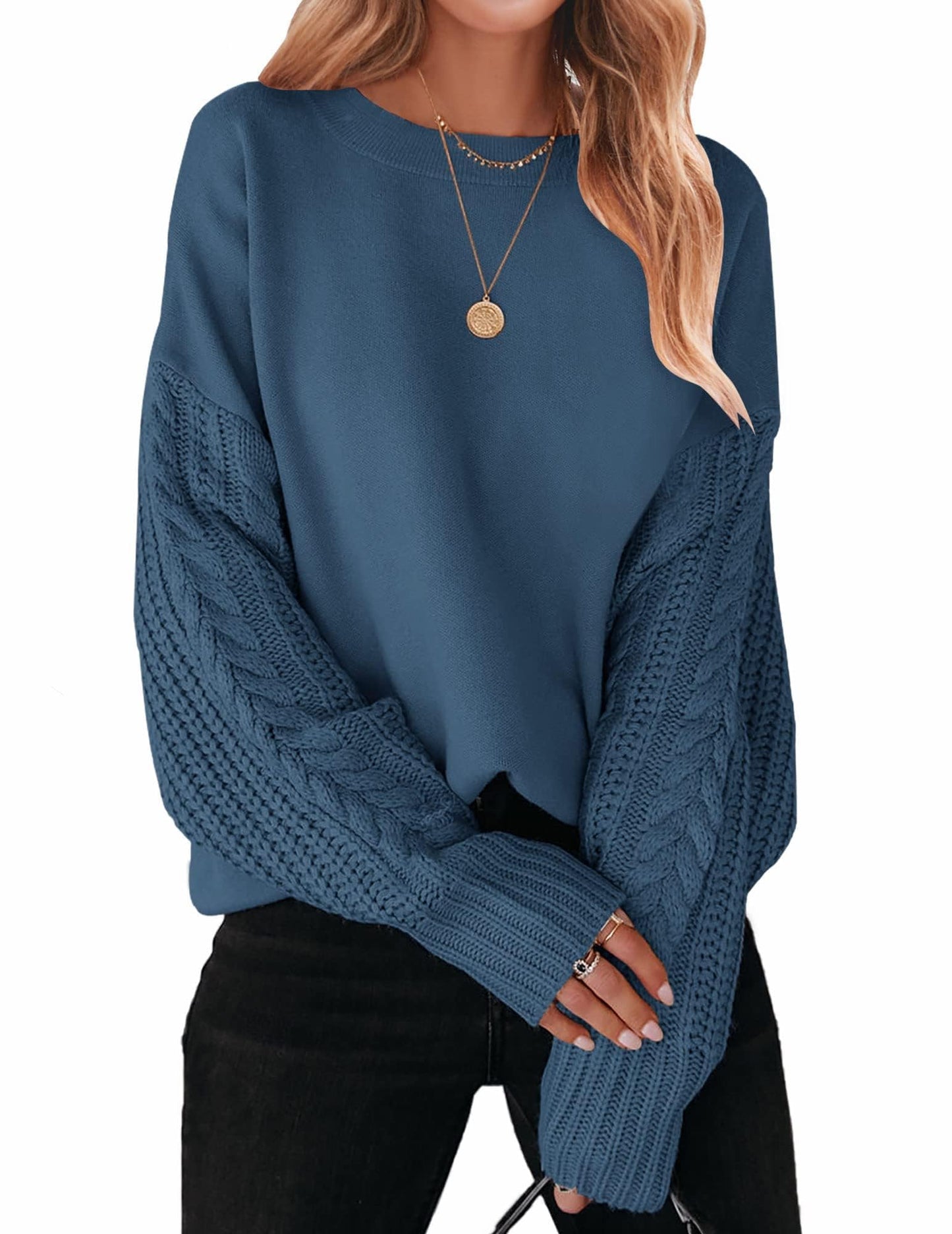 ZESICA Women's Fall Long Sleeve Crew Neck Solid Color Cable Knit Chunky Casual Oversized Pullover Sweater Tops