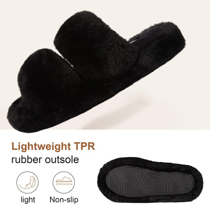 FamilyFairy Women's Fluffy Faux Fur Slippers Comfy Open Toe Two Band Slides with Fleece Lining and Rubber Sole