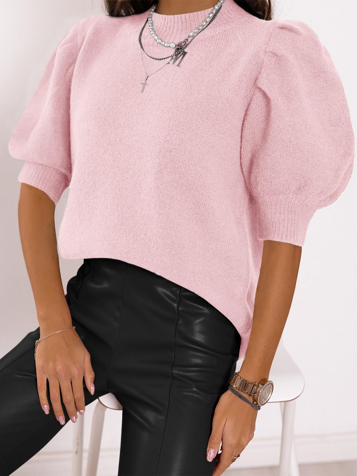 Women's Puff Short Sleeve Sweater Tops 2024 Spring Summer Trendy Crew Neck Casual T Shirts Blouses