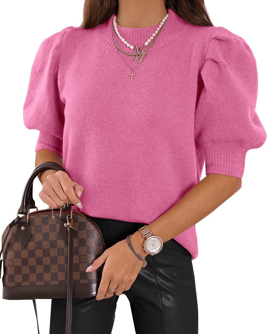 Women's Puff Short Sleeve Sweater Tops 2024 Spring Summer Trendy Crew Neck Casual T Shirts Blouses