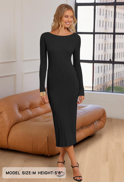MEROKEETY Women's 2024 Long Sleeve Bodycon Sweater Dress Fall Crew Neck Ribbed Knit Maxi Dresses