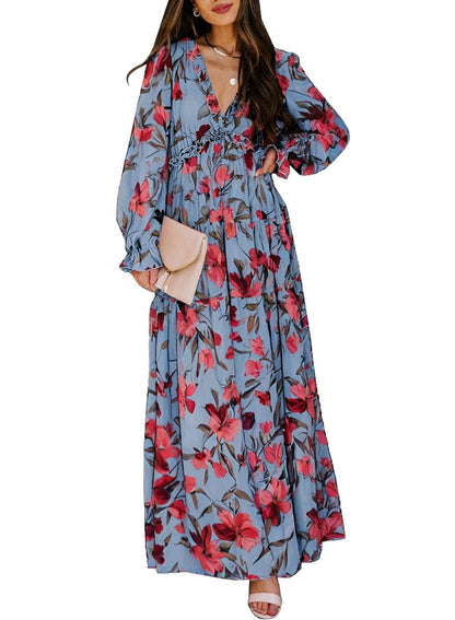 BLENCOT Womens Casual Boho Deep V Neck Short Sleeve Long Dress