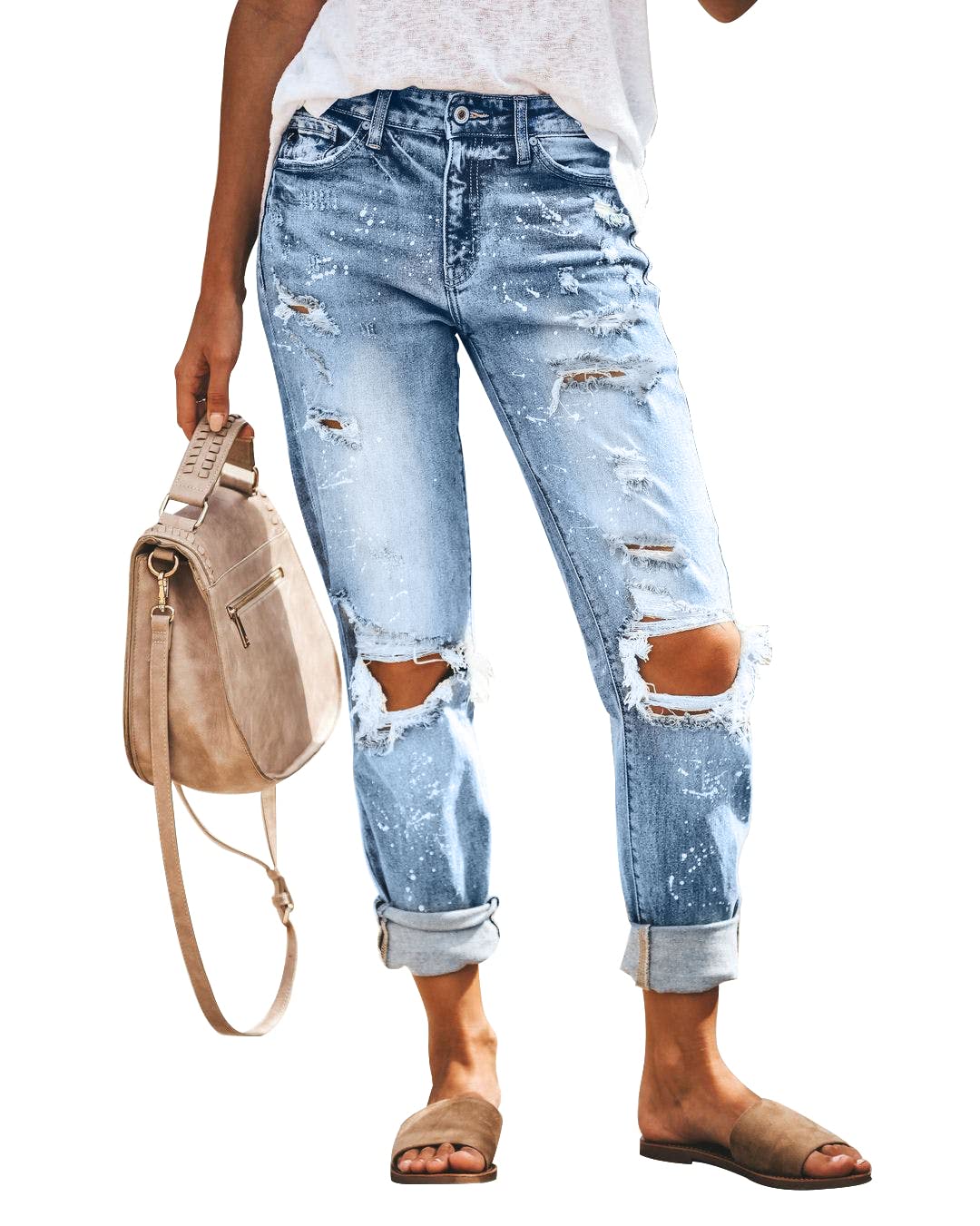 KUNMI Women's Ripped Mid Waisted Boyfriend Jeans Loose Fit Distressed Stretchy Denim Pants