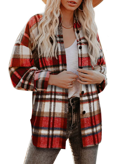 Beaully Women's Flannel Plaid Shacket Long Sleeve Button Down Shirts Jacket Coats with Side Pockets