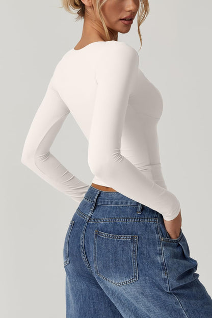 QINSEN Women's Long Sleeve V Neck T Shirts Double Lined Crop Top Seamed Cup Going Out Tops