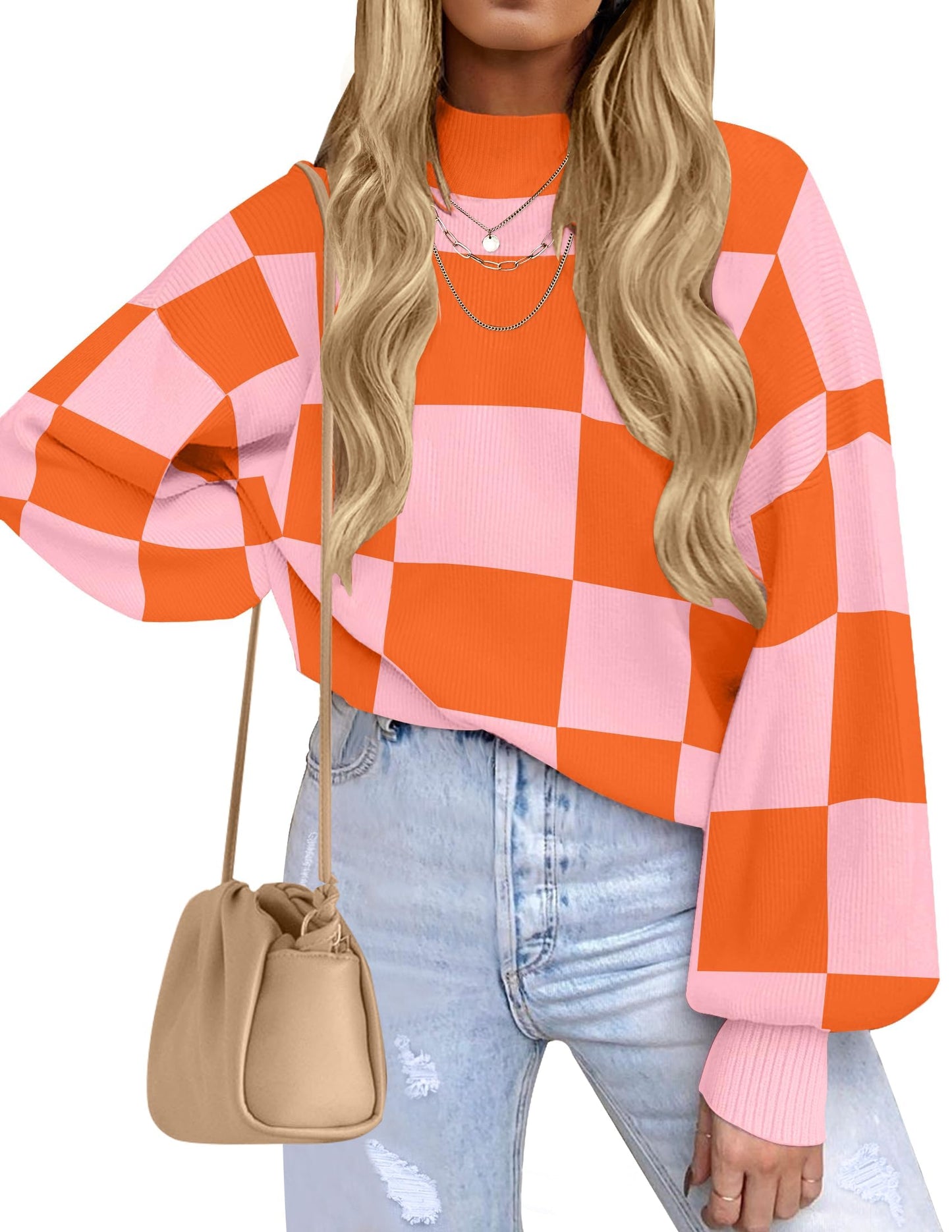 ZESICA Women's Fall Fashion Turtleneck Long Sleeve Striped Ribbed Knit Loose Pullover Sweater Tops