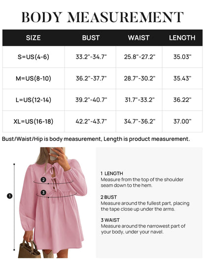 ZESICA Women's Dress Fall Long Puff Sleeve Self Tie Front Babydoll A Line Pleated Cute Mini Tunic Dresses 2025