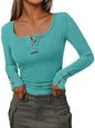 Kissfix Womens Long Sleeve Shirts Going Out Fall Clothes Casual Henley Tops Ribbed Knit Blouses Fashion Trendy Outfits