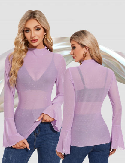 BBX Lephsnt Women Sheer Mesh Tops Long Bell Sleeve Rhinestone Top Mock Neck Blouses Sparkle Glitter Shirts See Through Tee