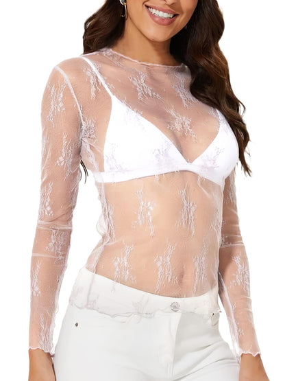 WIHOLL Womens Mesh Sheer Tops Sexy Crew Neck Summer Loose FIt Party Clubwear Shirts