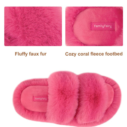 FamilyFairy Women's Fluffy Faux Fur Slippers Comfy Open Toe Two Band Slides with Fleece Lining and Rubber Sole