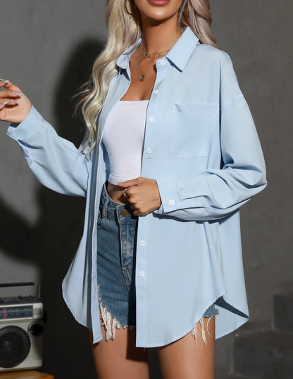 HOTOUCH Women Oversized Button Down Shirts Office Drop Shoulder Blouse Long Sleeve Boyfriend Dress Shirt with Pockets