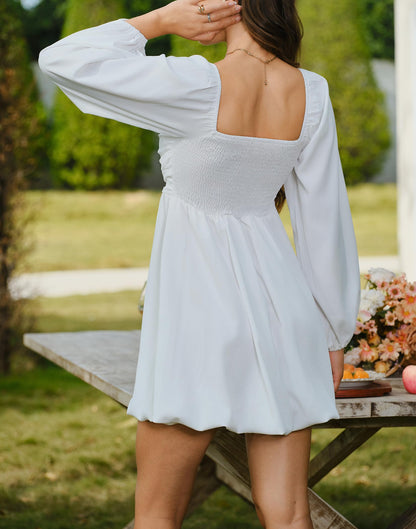 HYPERFIRE Women's Square Neck Pleated Long Sleeve Mini Dress Smocked A Lind Bubble Wedding Dresses