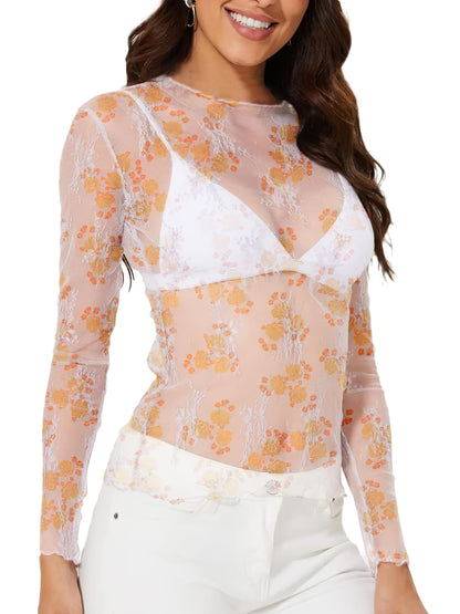 WIHOLL Womens Mesh Sheer Tops Sexy Crew Neck Summer Loose FIt Party Clubwear Shirts