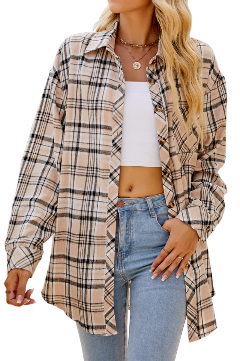 CHYRII Womens Button Down Flannel Shirts Long Sleeve Plaid Shackets Business Casual Blouse Top