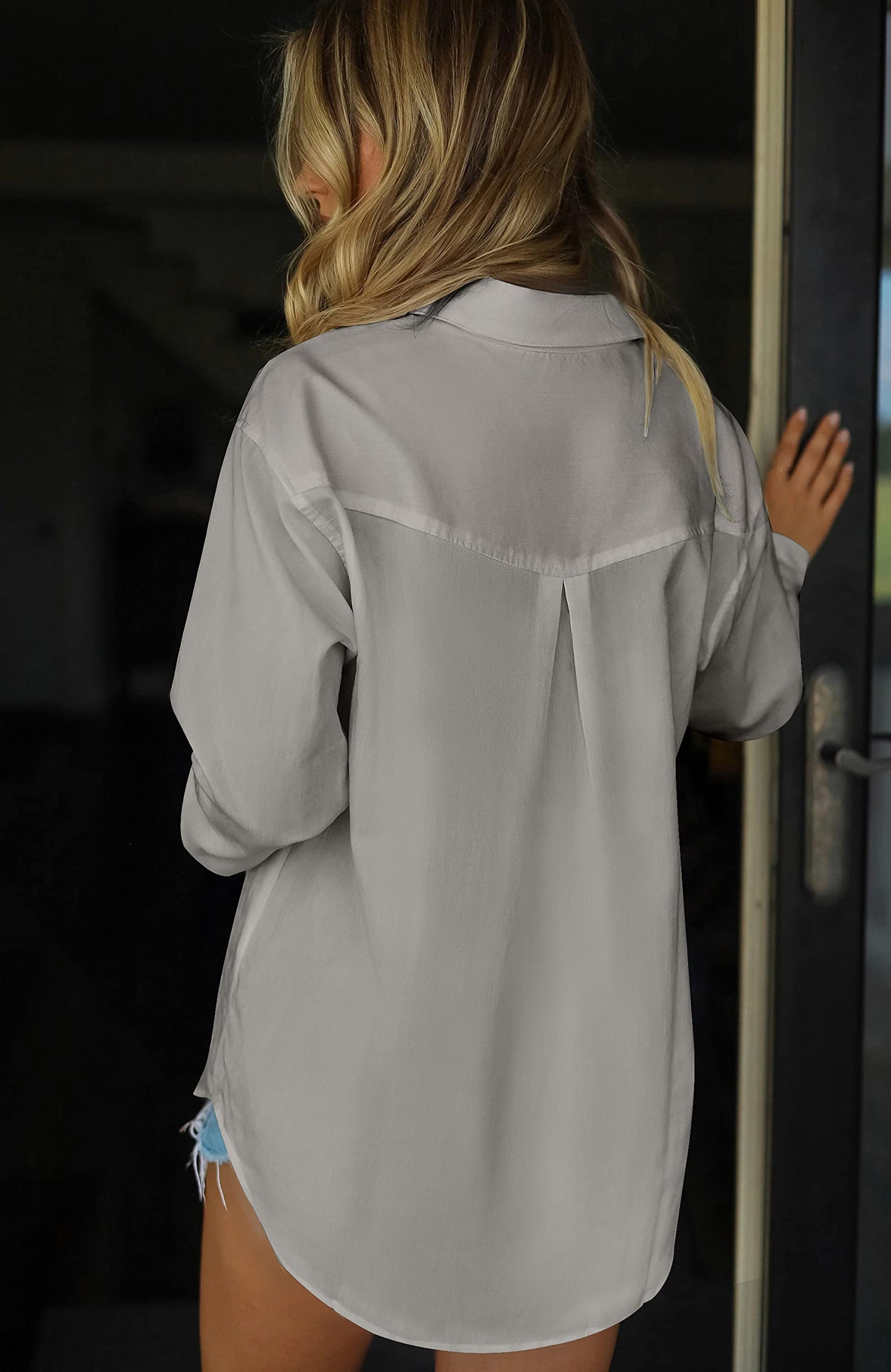 HOTOUCH Women Oversized Button Down Shirts Office Drop Shoulder Blouse Long Sleeve Boyfriend Dress Shirt with Pockets