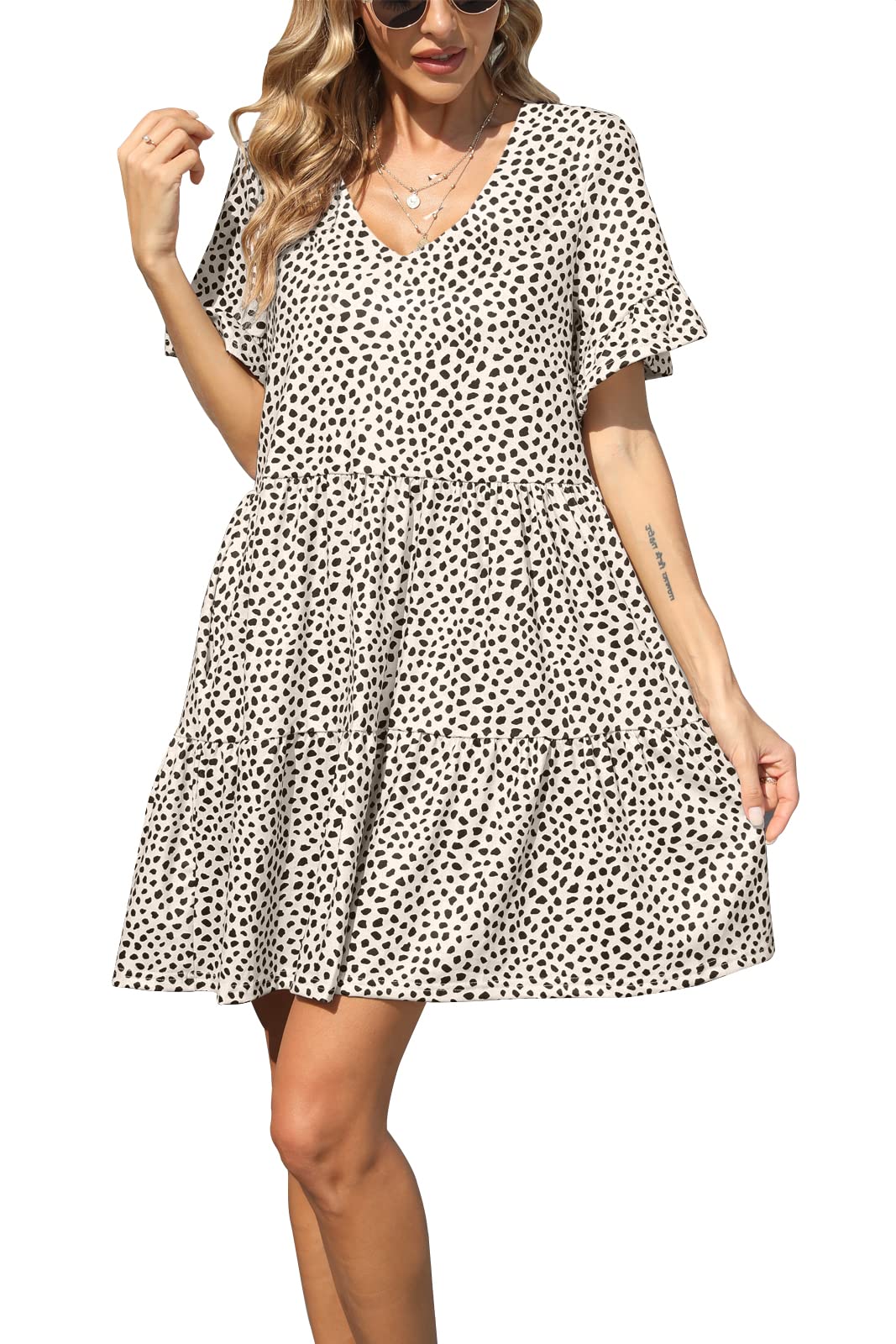 nclook Women's Summer Casual Dress Sweet & Cute V-Neck Mini Dress with Pocket Short Sleevele Ruffle Dress
