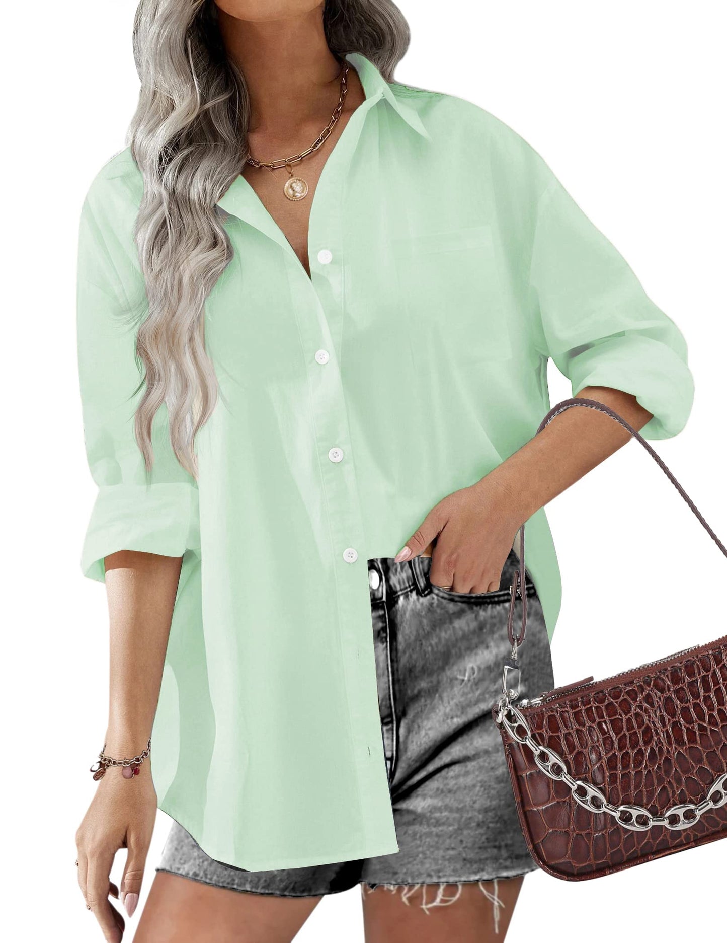 HOTOUCH Women Oversized Button Down Shirts Office Drop Shoulder Blouse Long Sleeve Boyfriend Dress Shirt with Pockets