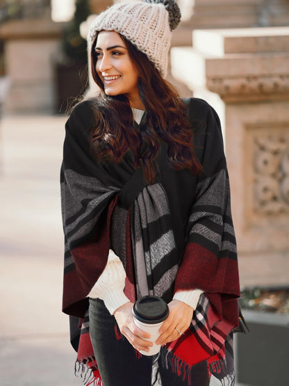 Bestshe Women's Boho Open Front Poncho Knitted Plaid Shawl Wrap Cape Tassel Cardigan Sweater