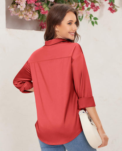 siliteelon Satin Blouses for Women Silk Button Down Shirts Casual Long Sleeve Shirt Business Office Work Tunic Tops