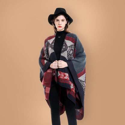 Bestshe Women's Boho Open Front Poncho Knitted Plaid Shawl Wrap Cape Tassel Cardigan Sweater